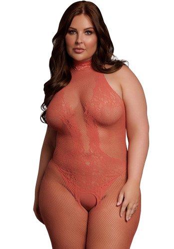 High neck fishnet and lace bodystocking, red - Queen Size