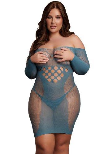Long-Sleeved Net Mini Dress, blue - Queen Size