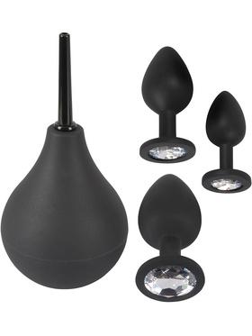 Black Velvets Anal Kit, Douche + 3 Jewel Butt Plugs