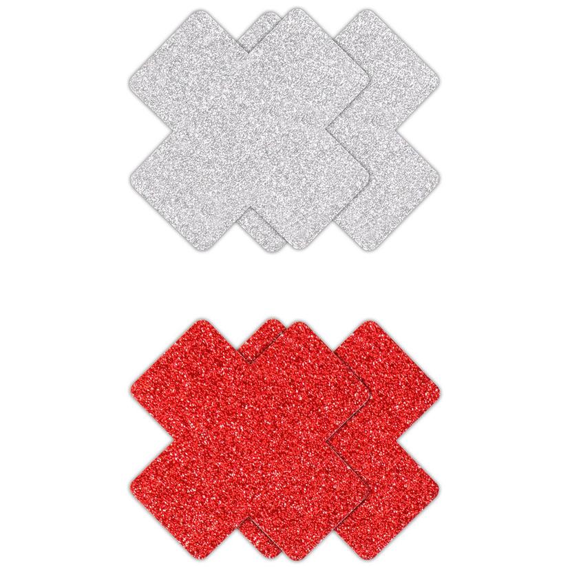 Glitter Cross Pasties Silver & Red 2 Pair