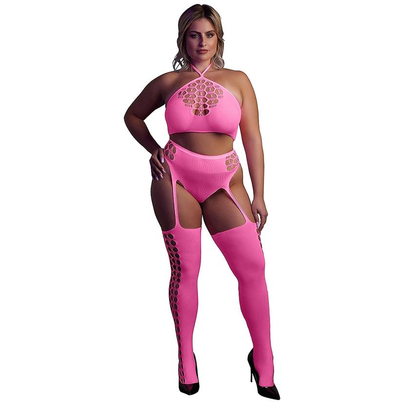 Glow In The Dark Two Piece With Crop Top And Stockings Pink OSX